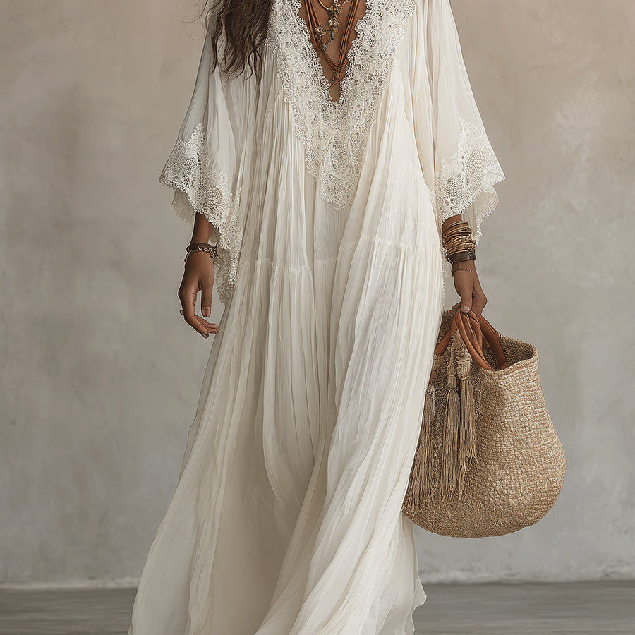 Indara | Vestido longo branco com decote em V para Mulher