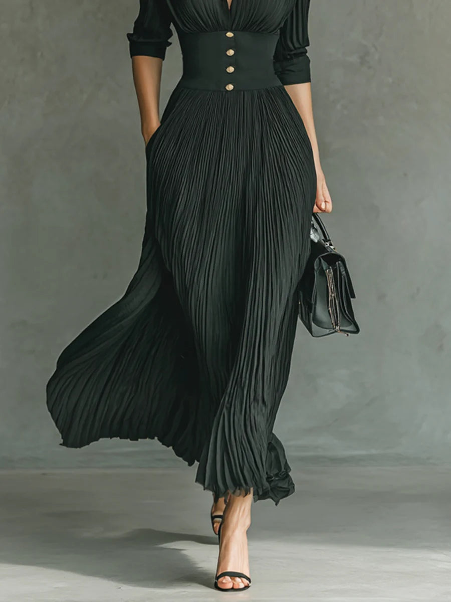 Claudia – Vestido Comprido Plissado com Lapela e Cinto