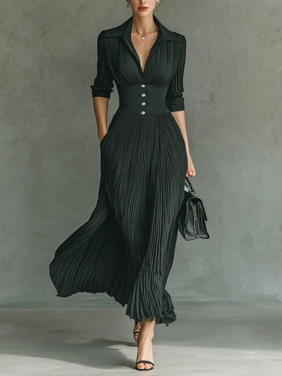 Claudia – Vestido Comprido Plissado com Lapela e Cinto