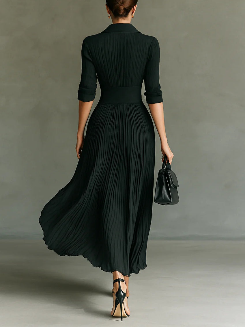 Claudia – Vestido Comprido Plissado com Lapela e Cinto