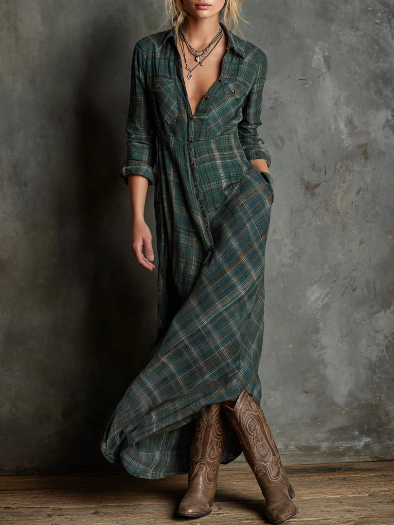 Elettra – Vestido Camiseiro Comprido em Xadrez