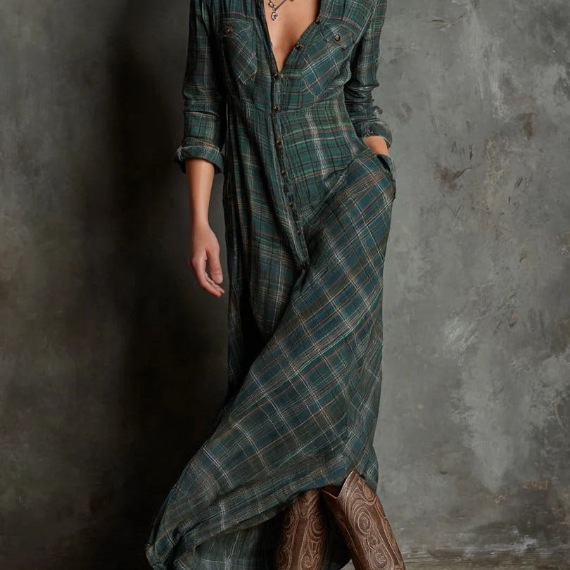 Elettra – Vestido Camiseiro Comprido em Xadrez