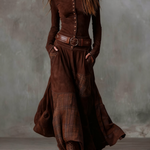 Aurelia – Vestido Comprido com Efeito Camurça, Painéis em Xadrez e Cinto