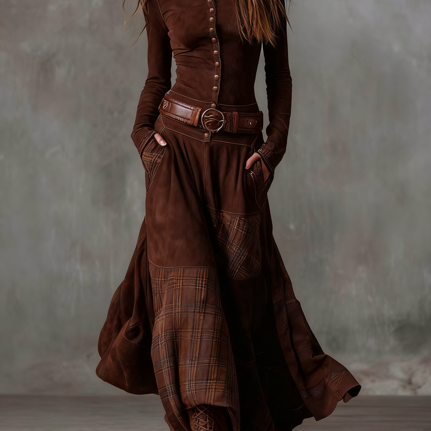 Aurelia – Vestido Comprido com Efeito Camurça, Painéis em Xadrez e Cinto