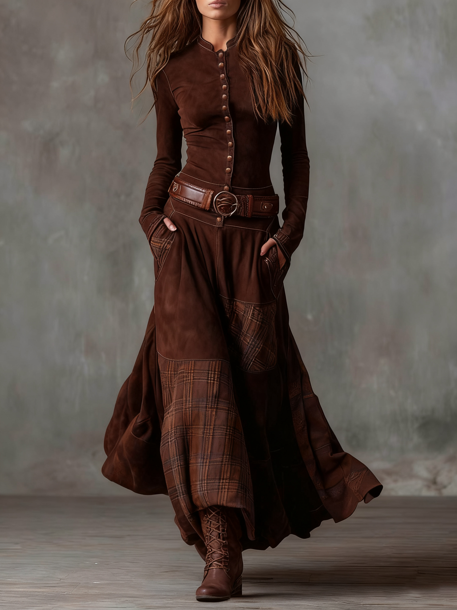 Aurelia – Vestido Comprido com Efeito Camurça, Painéis em Xadrez e Cinto