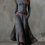 Aurelia – Vestido Comprido com Efeito Camurça, Painéis em Xadrez e Cinto