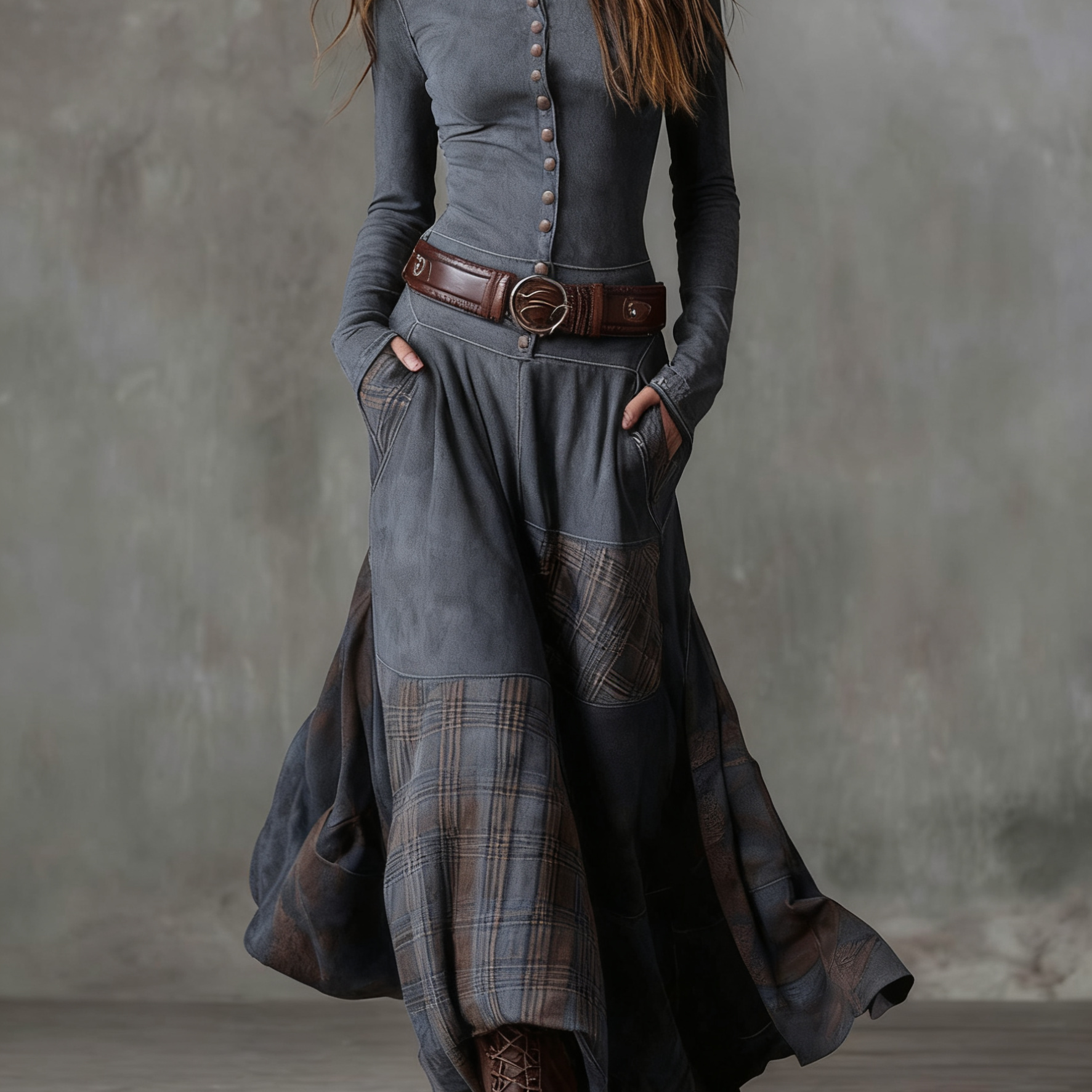 Aurelia – Vestido Comprido com Efeito Camurça, Painéis em Xadrez e Cinto