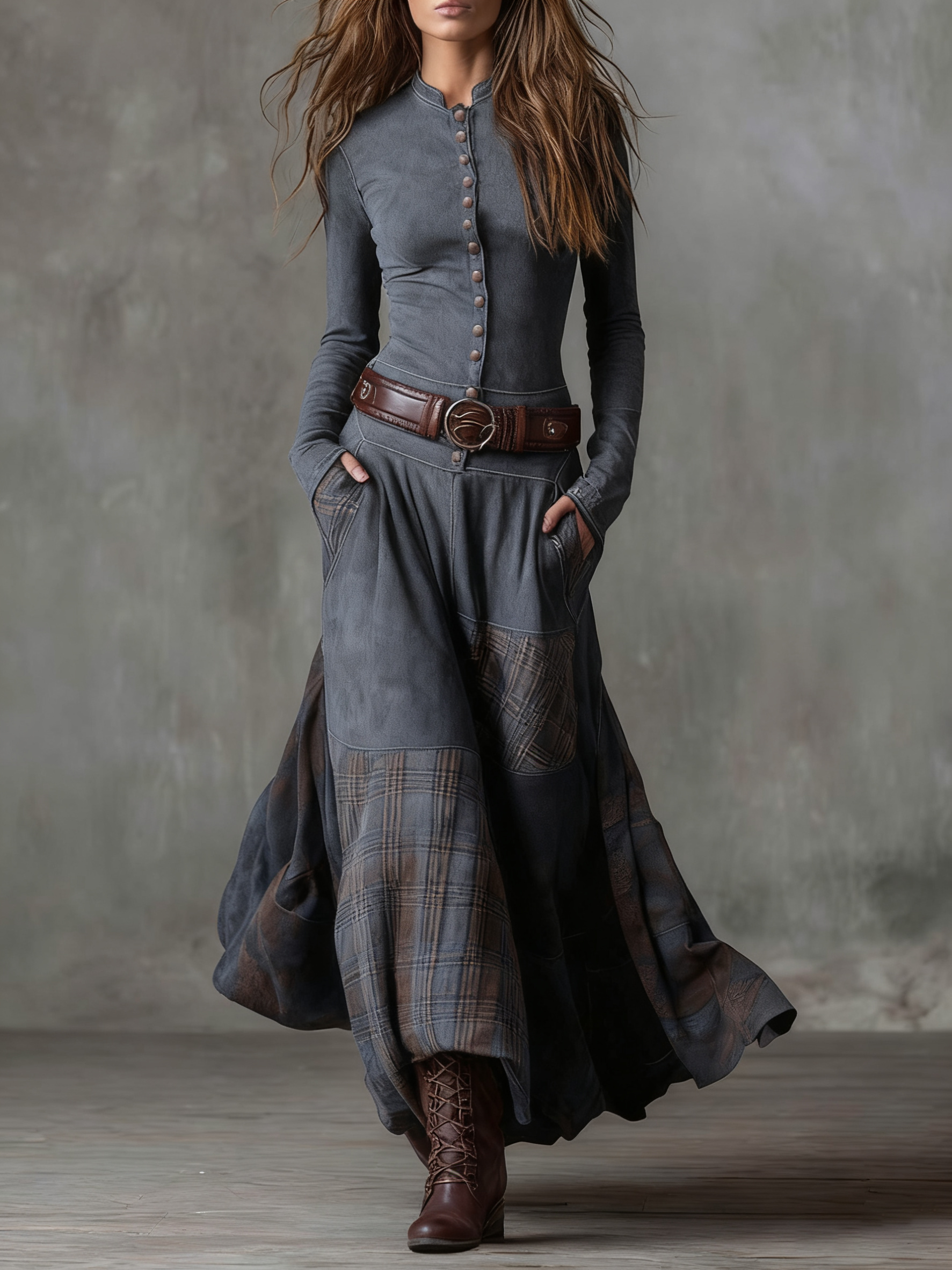 Aurelia – Vestido Comprido com Efeito Camurça, Painéis em Xadrez e Cinto