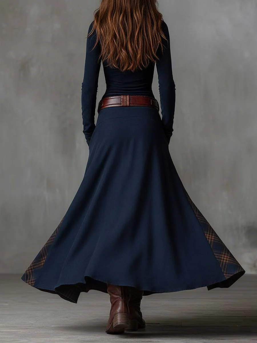 Aurelia – Vestido Comprido com Efeito Camurça, Painéis em Xadrez e Cinto