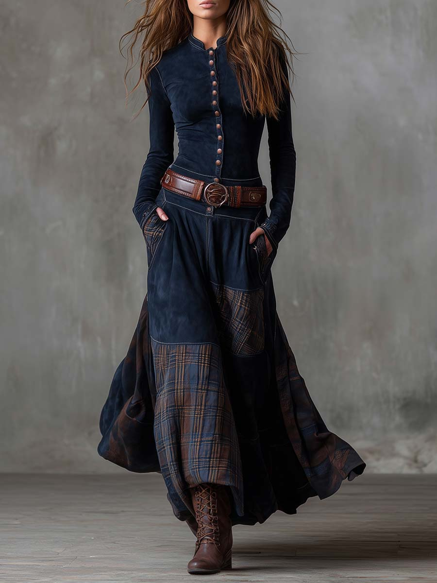 Aurelia – Vestido Comprido com Efeito Camurça, Painéis em Xadrez e Cinto