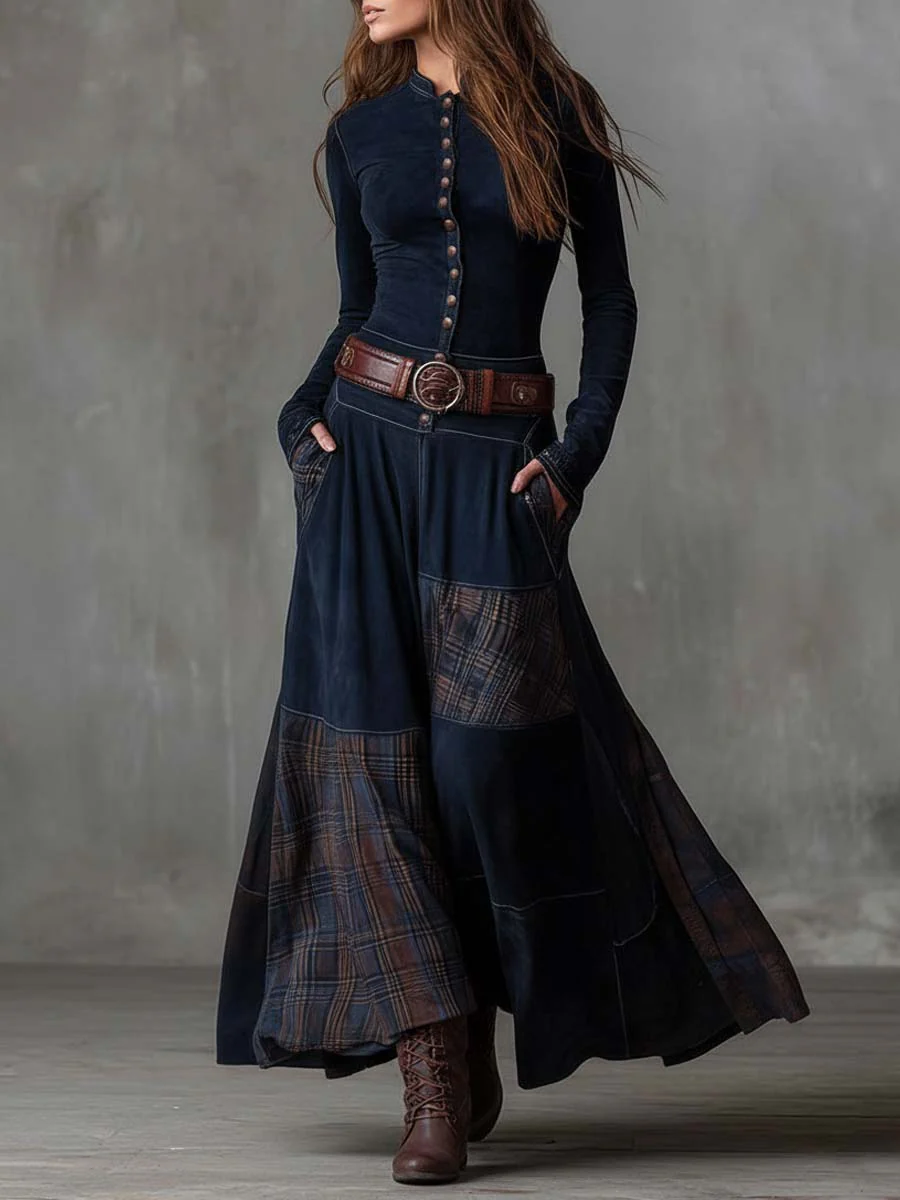 Aurelia – Vestido Comprido com Efeito Camurça, Painéis em Xadrez e Cinto