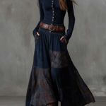 Aurelia – Vestido Comprido com Efeito Camurça, Painéis em Xadrez e Cinto