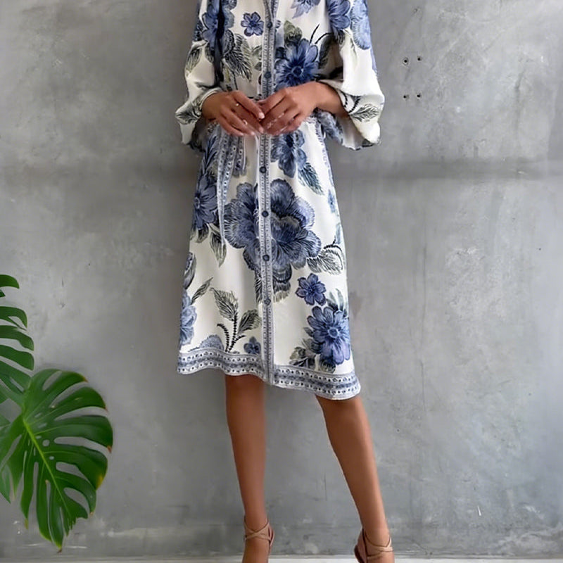 Rosalva - Robe Manga Lanterna Colar Crantado Impresso para Mulher