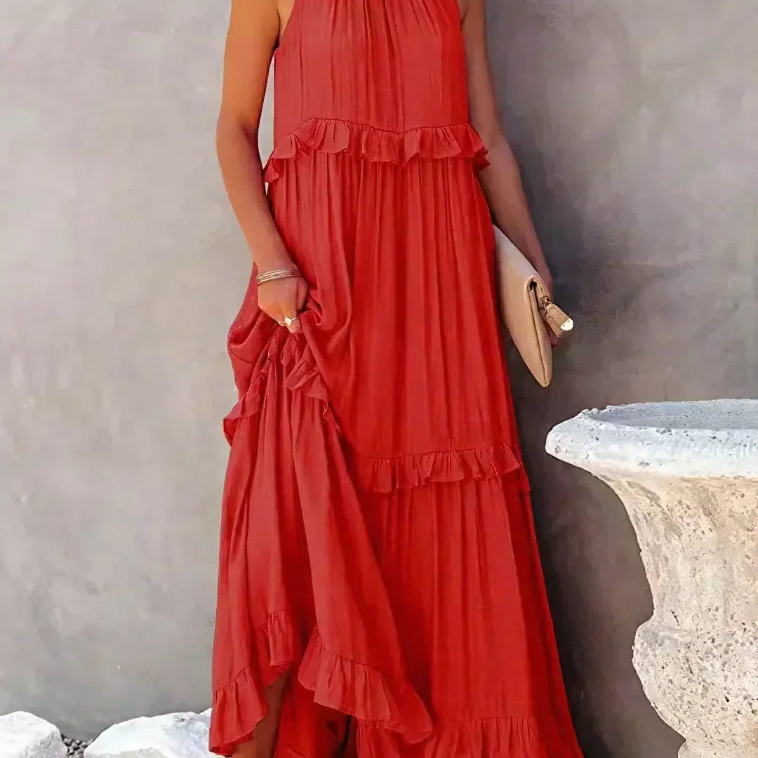 Sarah | Vestido longo com babados e alças finas