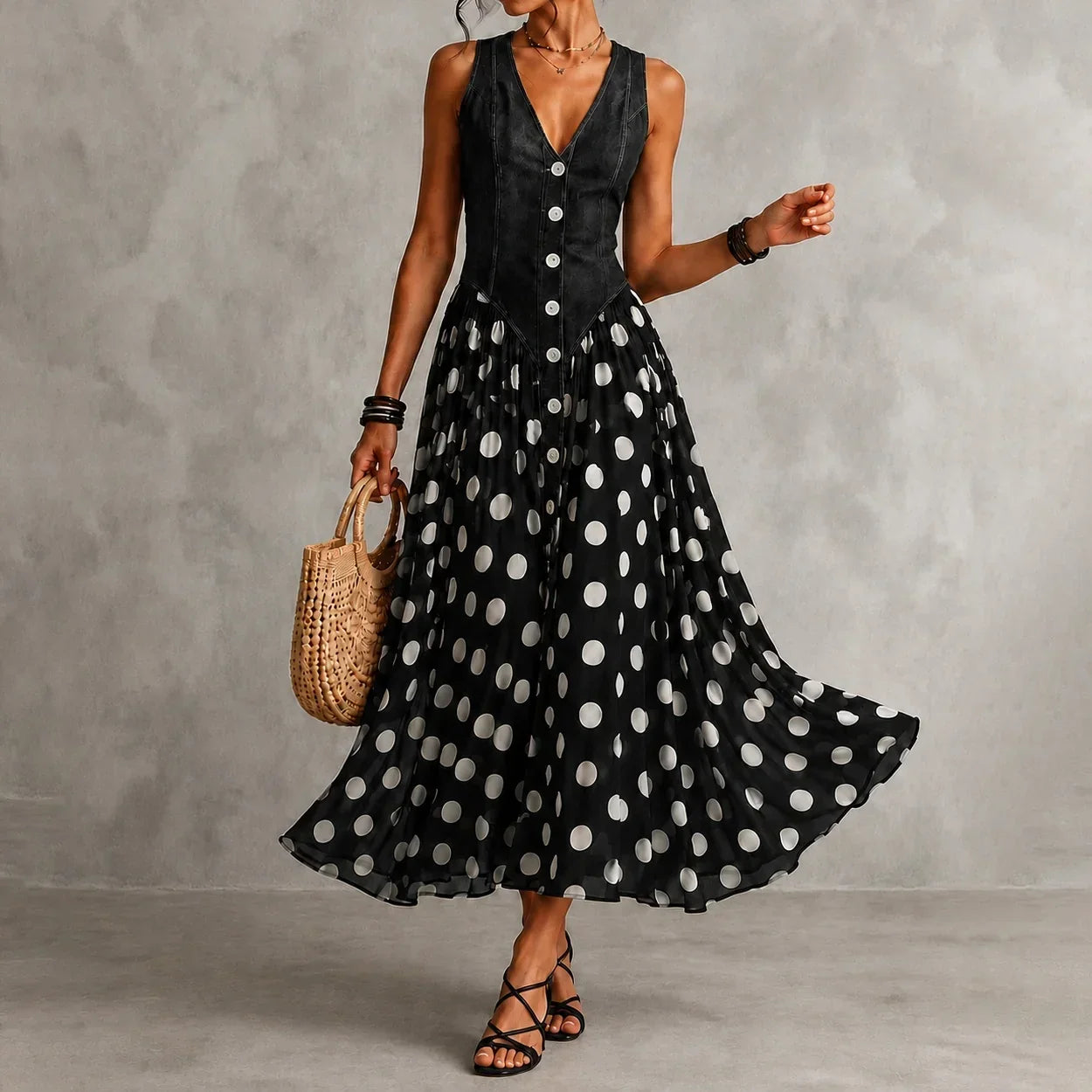Rusca - Elegante vestido longo sem mangas de denim falso com bolinhas para Mulher