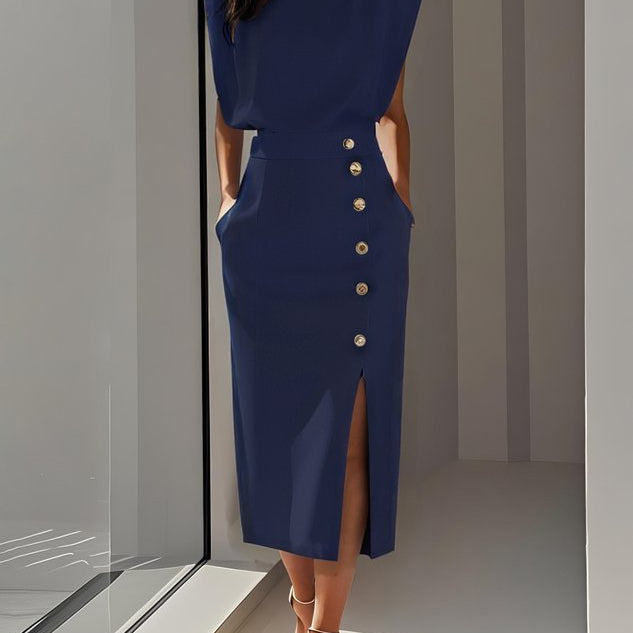Aina - Vestido midi liso com fenda de botões e decote redondo