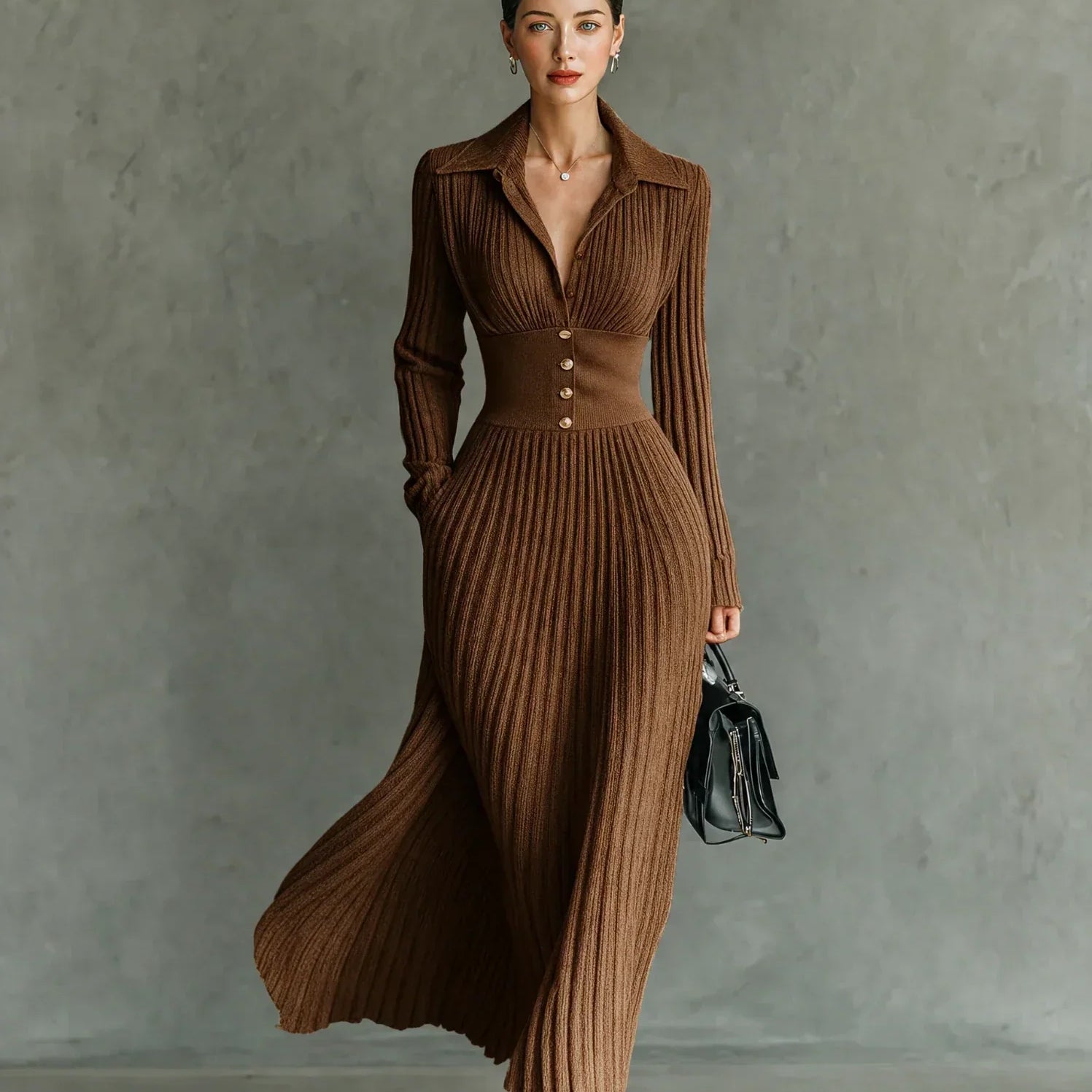 Claudia – Vestido Comprido Plissado com Lapela e Cinto