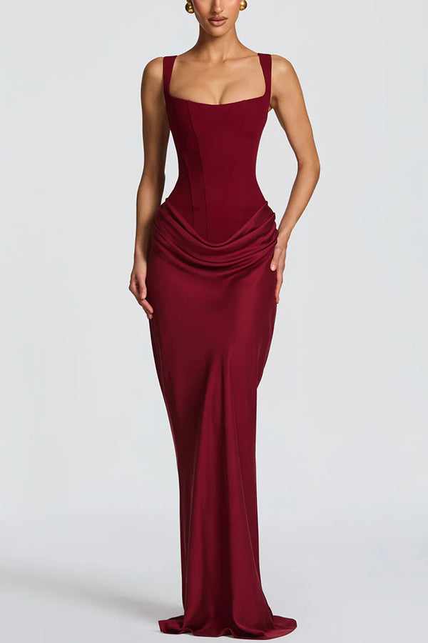 Fulvia – Vestido Maxi com Decote Quadrado e Saia em Cetim