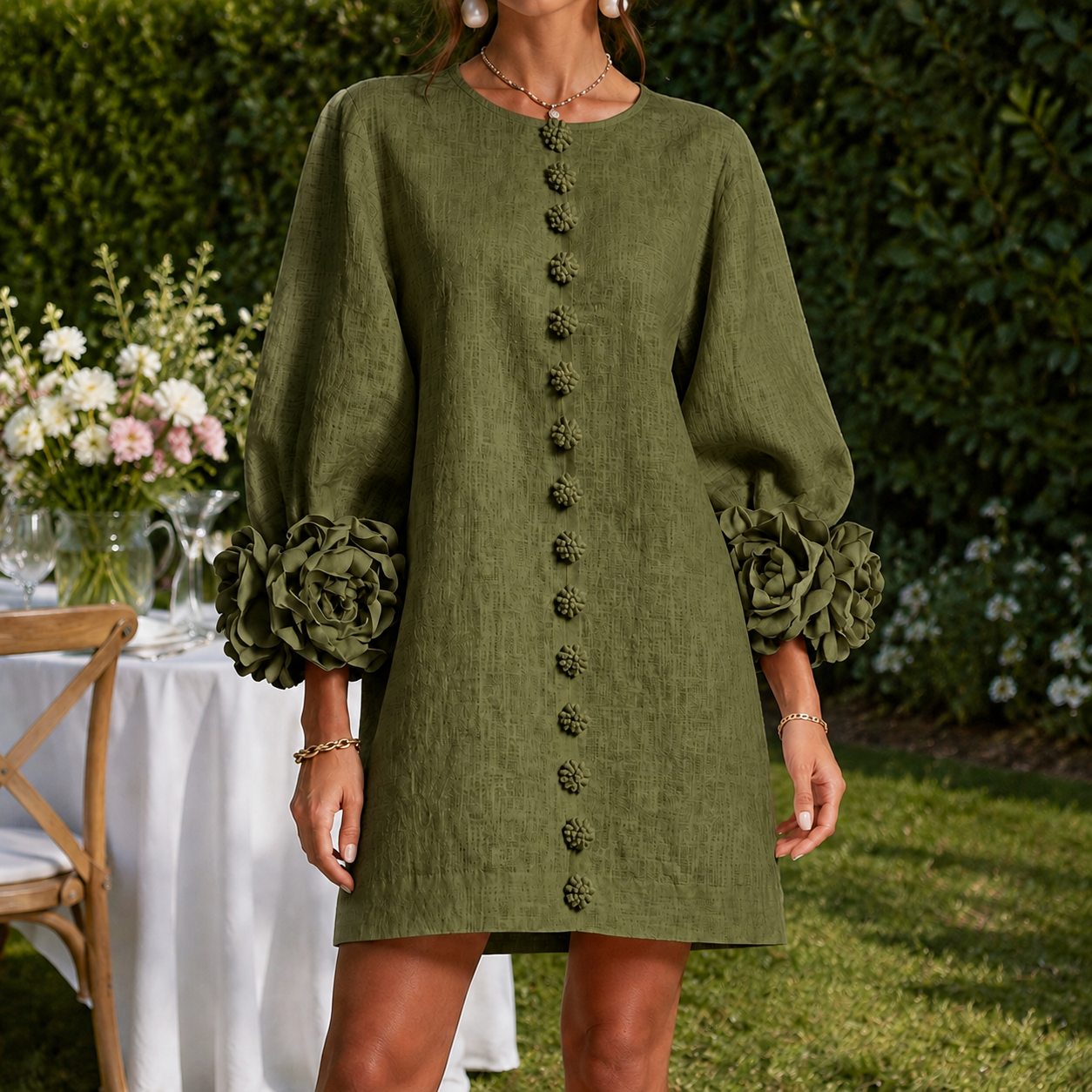 Vestido Caetana com Punhos em Roseta