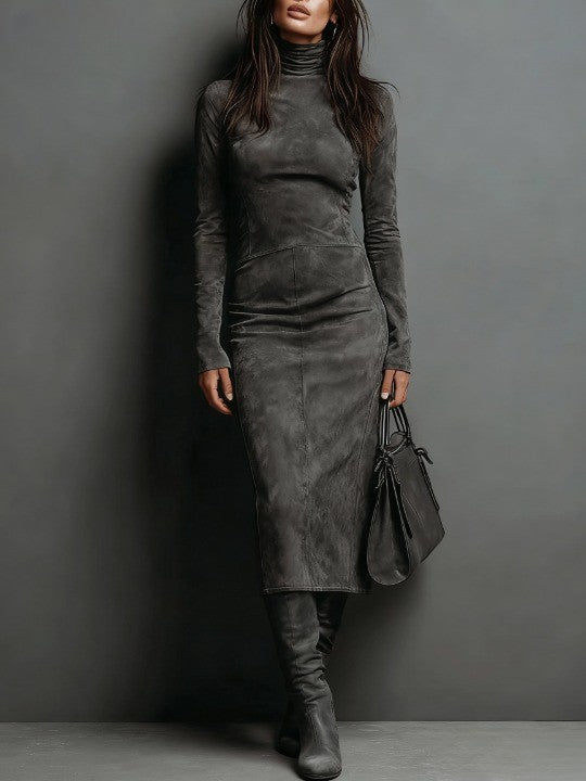 Carla – Vestido Midi com Efeito Camurça e Gola Alta