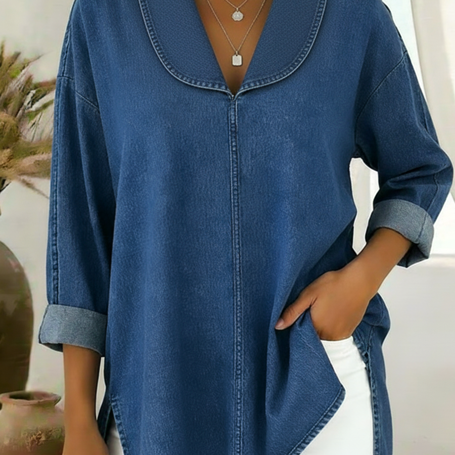 Denim — Top Retro com Colarinho de Chal