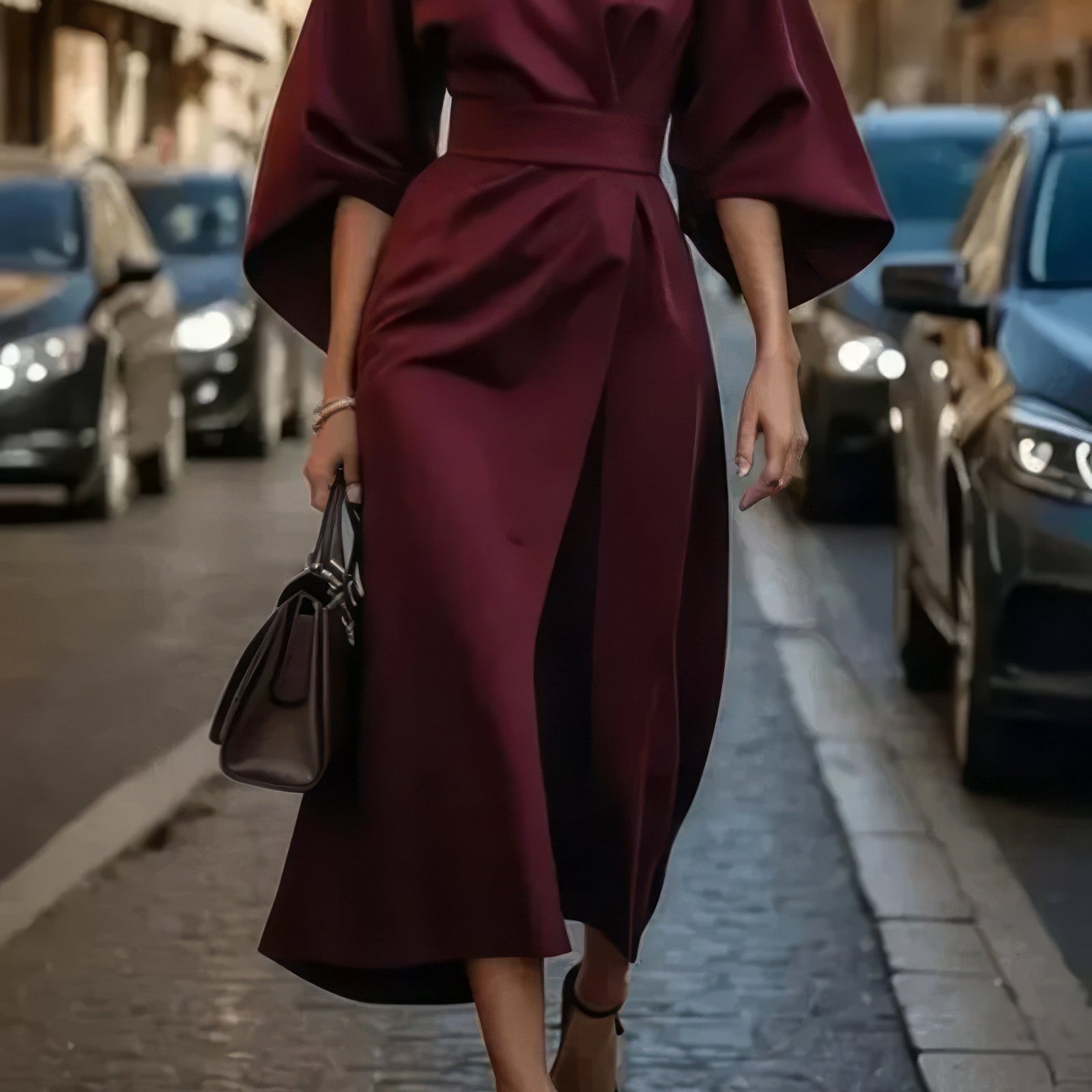 Margaret - Vestido elegante com mangas lanterna e cinto