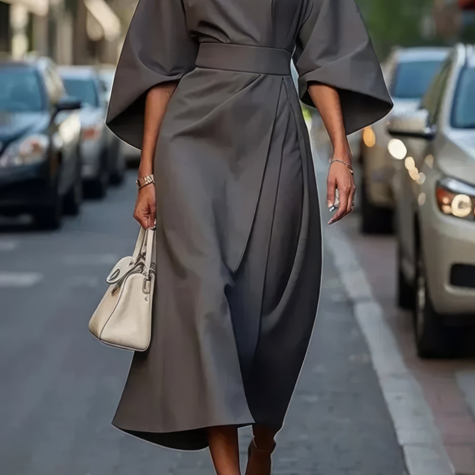 Margaret - Vestido elegante com mangas lanterna e cinto