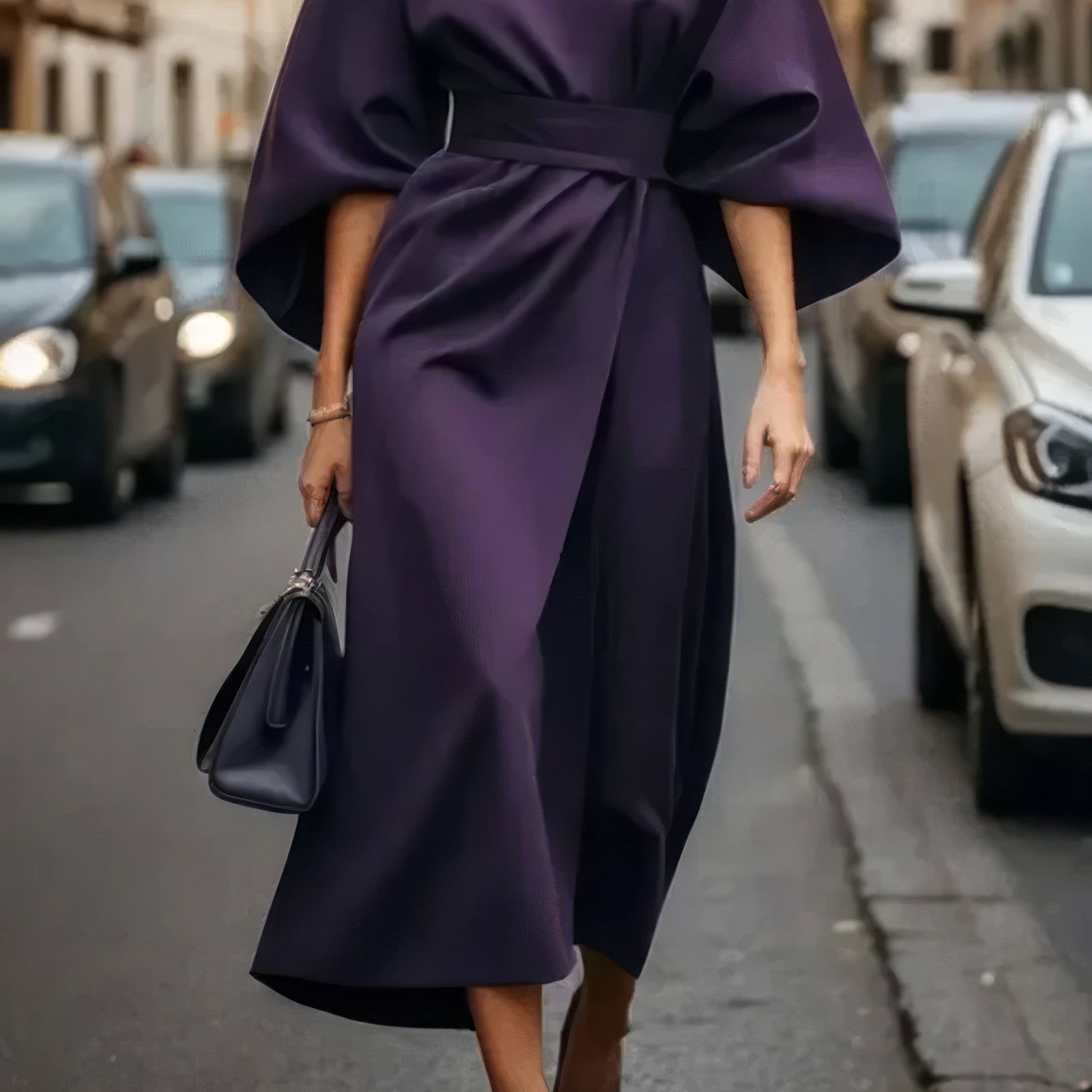 Margaret - Vestido elegante com mangas lanterna e cinto